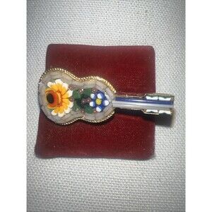 Micro Mosaic Guitar Brooch Pin Floral Made In Italy Gold Tone Vintage D9